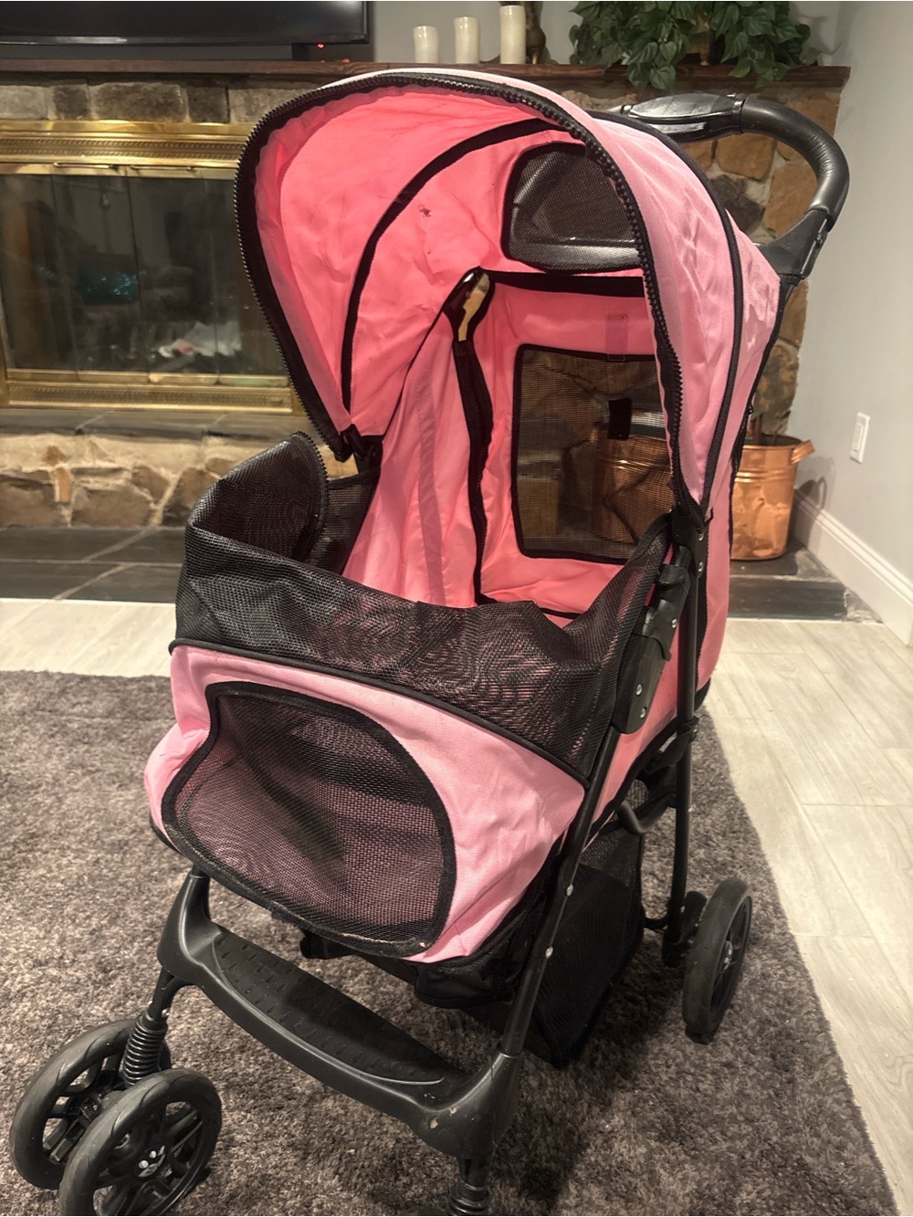 Pink Mesh Pet Stroller with Canopy